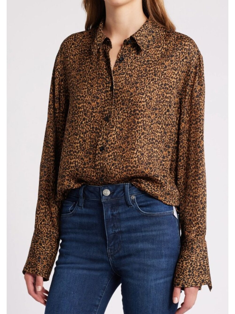 NWT FRAME Standard Silk Button Up Shirt Blouse Leopard Print Sand Medium